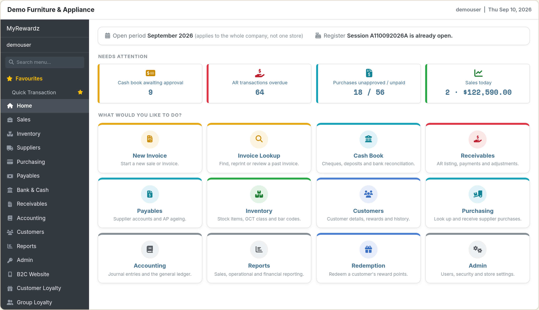 The management dashboard, showing counters for items awaiting approval, overdue receivables and unpaid purchases, today's sales total, and shortcut tiles for invoicing, cash book, receivables, payables and inventory.