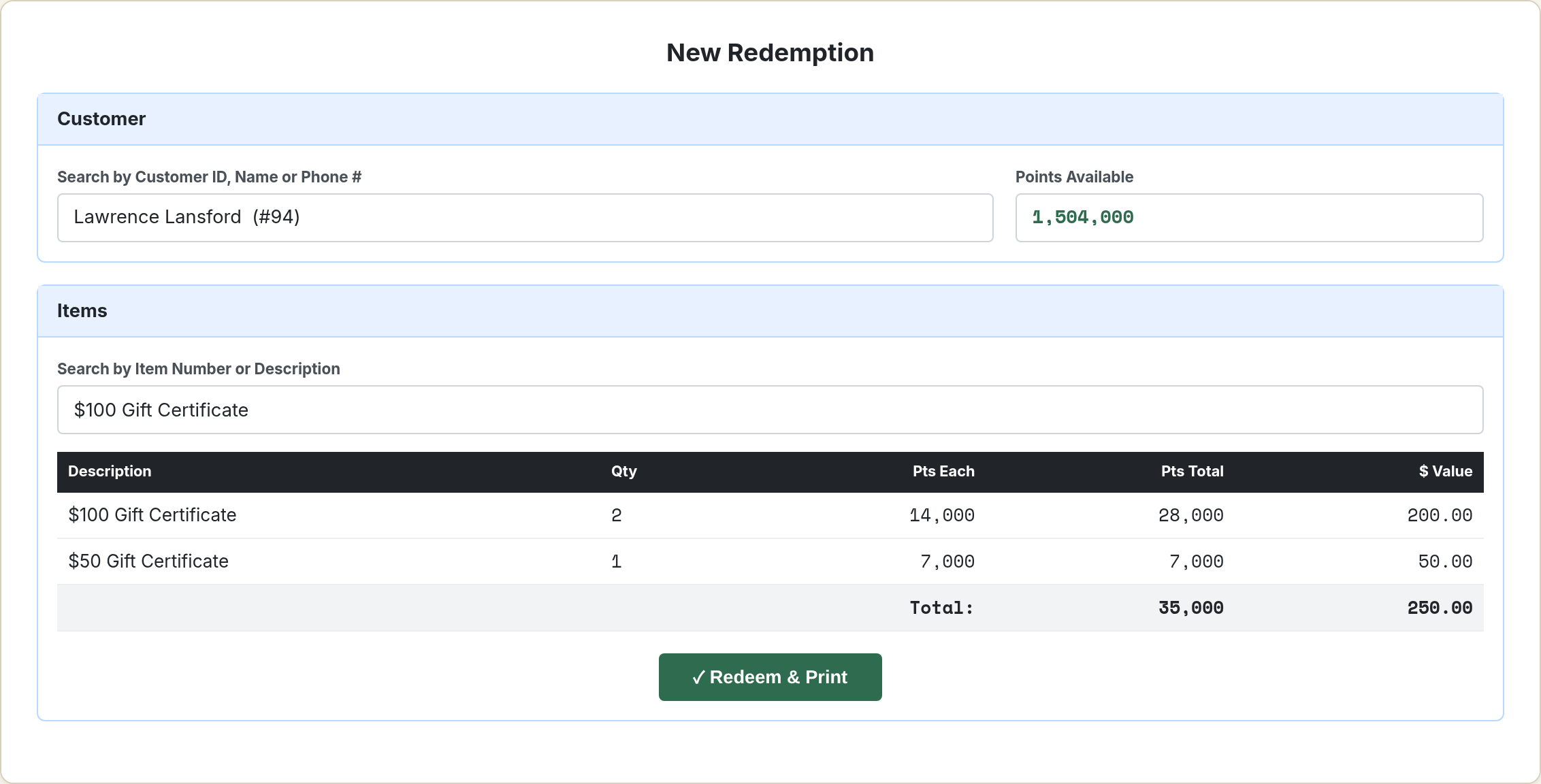 The MyRewardz redemption screen, showing a customer looked up by name with their available points balance, a cart of gift certificates being redeemed, and running point and dollar totals.