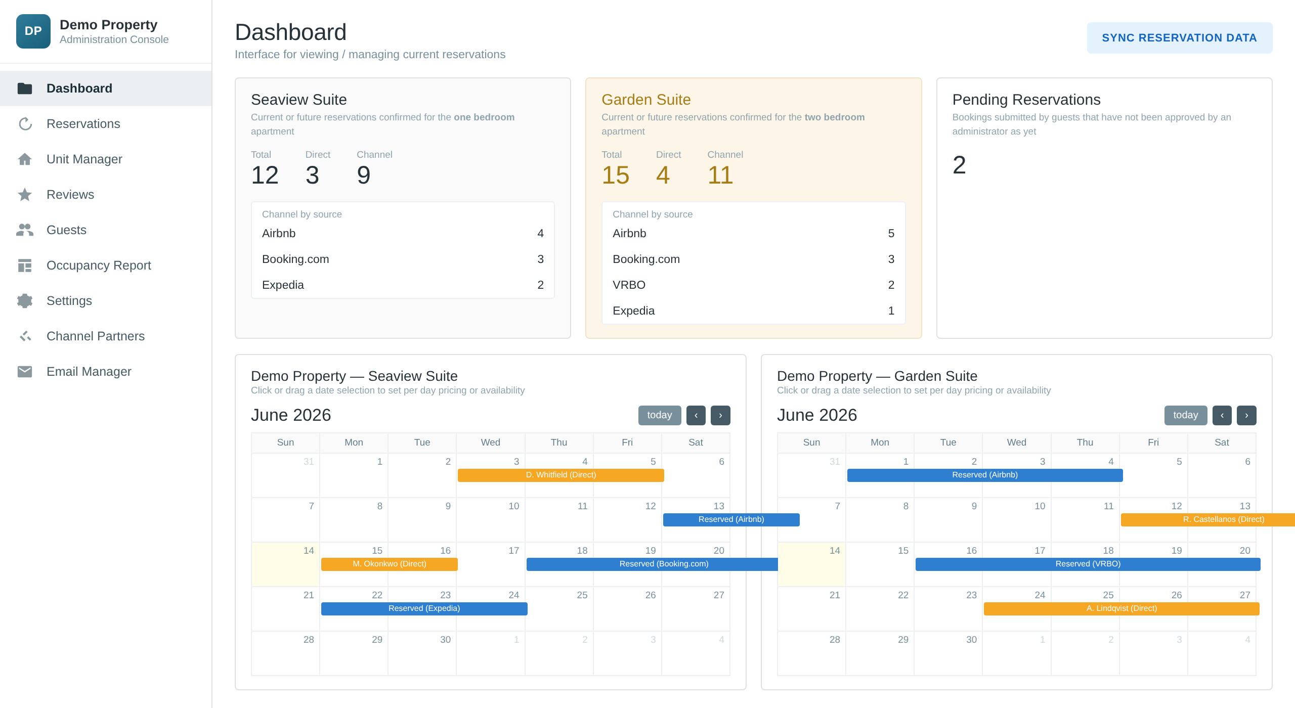 The StayEasy administration console, showing reservation totals by channel and two monthly booking calendars.